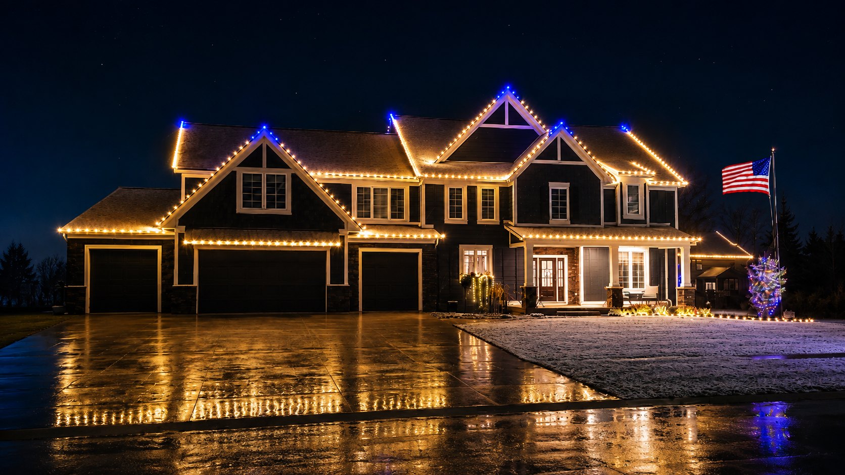Warm white and blue peak Christmas light installation on a Wyoming MI home