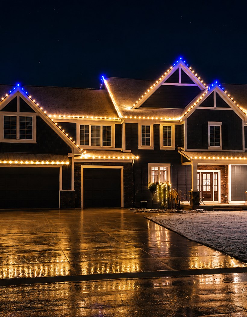 Christmas light installation on a Wyoming MI home at night