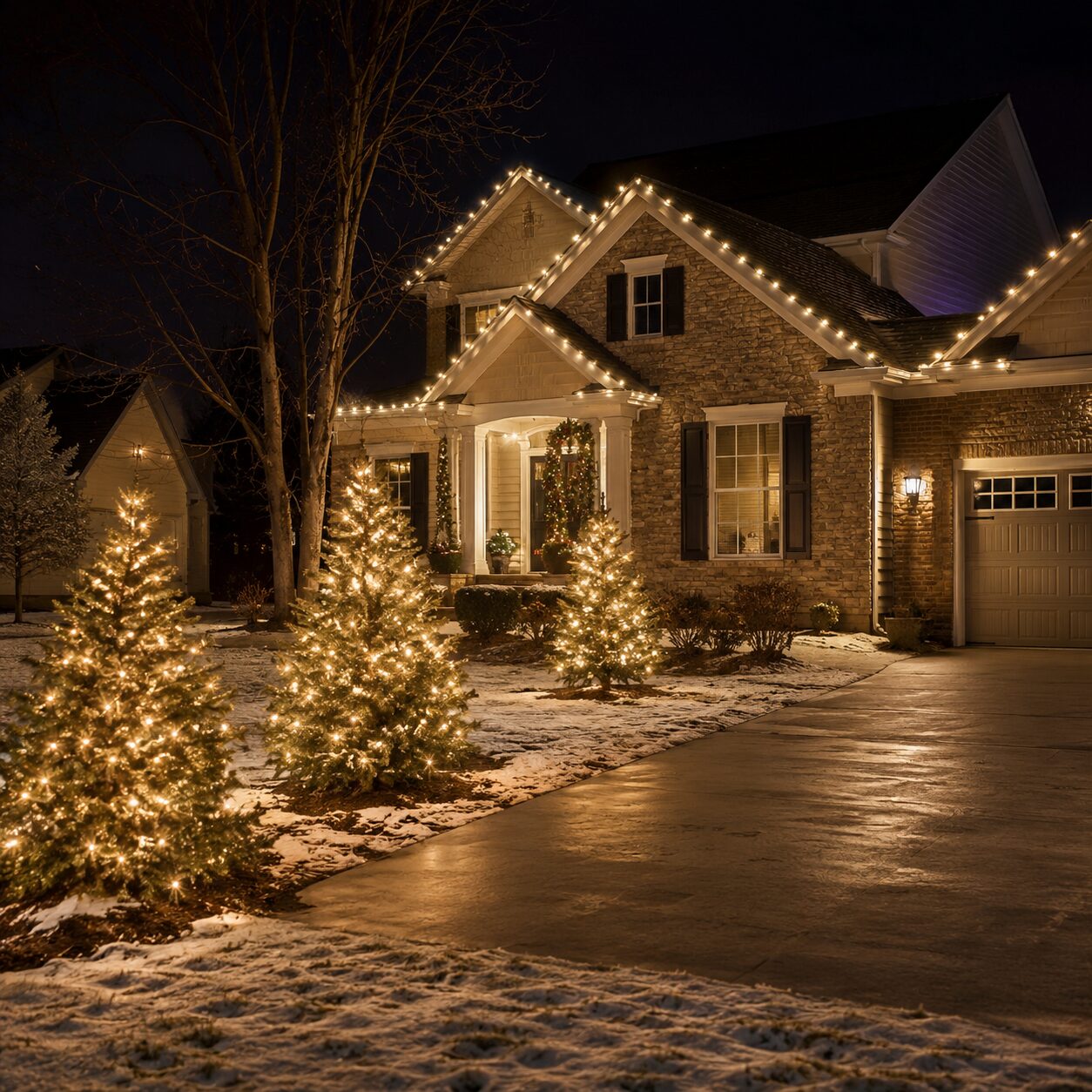 Roofline lighting and lit yard trees at a Grand Rapids home