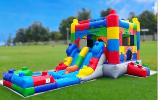 Block Double Slide Bounce House with Pool & Hoop