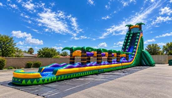 Tropical-themed inflatable water slide with a long slip-and-slide lane set up outdoors.