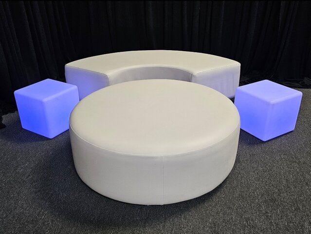 Curved Bench Ottoman, Round Ottoman & 2 LED Cubes - White