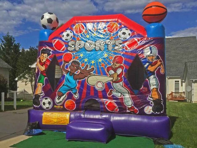 bounce house with slide and basketball hoop