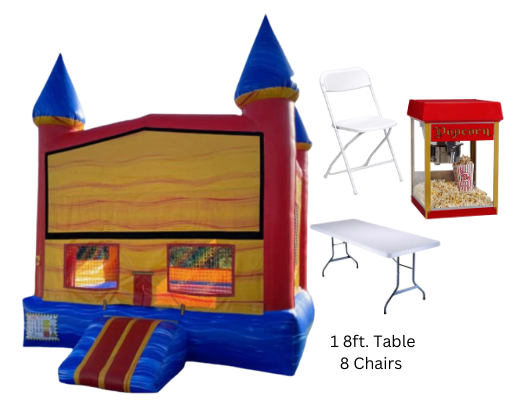 Castle Bounce House with 8ft Table 8 Chairs and Popcorn Machine