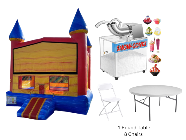 Castle Bounce House with Round Table 8 Chairs and Snow Cone Machine