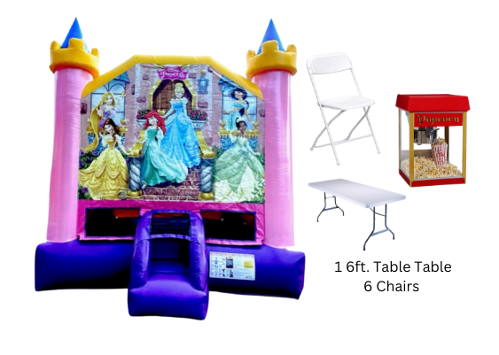 Princess Bounce House with 6ft Table, 6 Chairs, & Popcorn Machine 