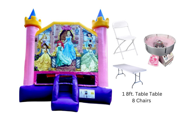 Princess Bounce House with 8ft Table 8 Chairs and Cotton Candy Machine
