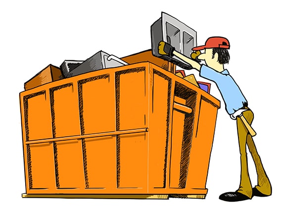 Cartoon of man loading orange dumpster with household waste