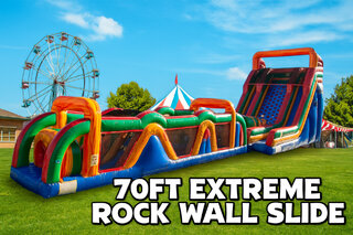 <span style='color: black;'>70FT Extreme Obstacle Course</span> <br><span style='color: blue;'>25FT TALL OBSTACLE ROCK WALL SLIDE!!</span>