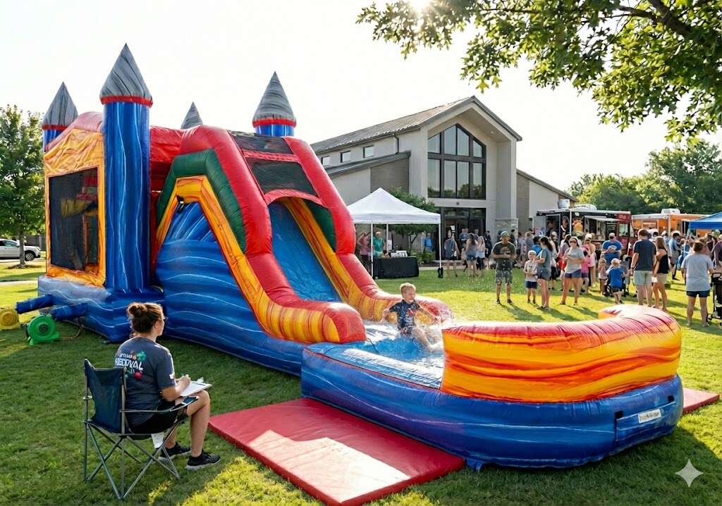 Colorful bounce house water slide rental setup at a church festival in Abilene, TX, featuring a professional safety supervisor watching a child slide, with a modern church building and community crowd in the background.