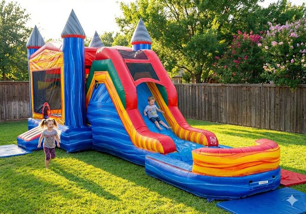 Two happy children playing on a large, colorful inflatable castle and water slide combo in a sunny backyard, depicting the fun of bounce house rentals in Abilene, TX.