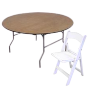 5ft round table w/ 8 padded garden chairs 