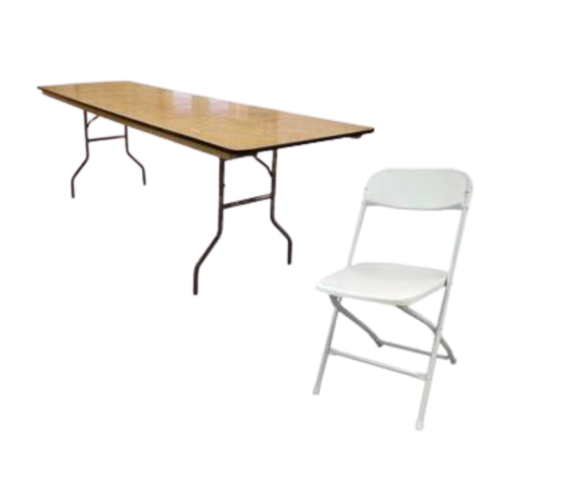 8ft rectangle table w/ 8 White chairs 