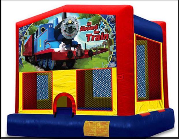 All Aboard Panel On A Red And Blue Bounce House / With Basketball Goal