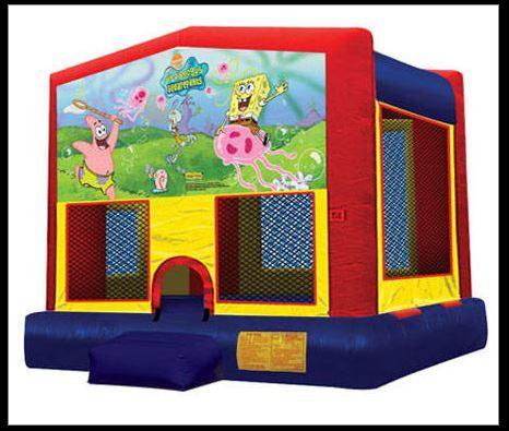 Sponge Bob Panel On A Red And Blue Bounce House / With Basketball Goal