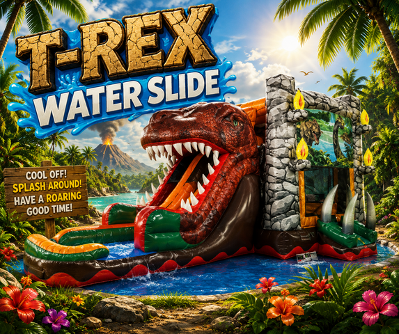 T-Rex Dinosaur Bounce House Combo With Double Lane Water Slide Slide