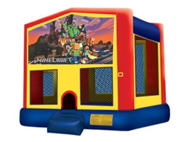 Minecraft Panel On A Red And Blue Bounce House / With Basketball Goal