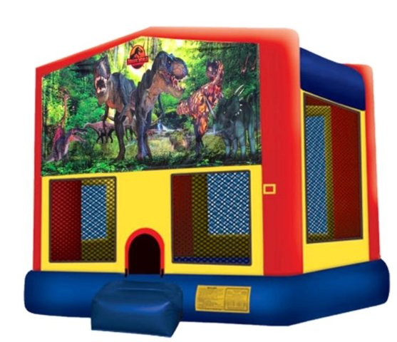 Dinosaur Panel On A Red And Blue Bounce House / With Basketball Goal