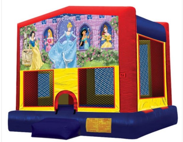 Disney Princess Panel On A Red And Blue Bounce House / With Basketball Goal