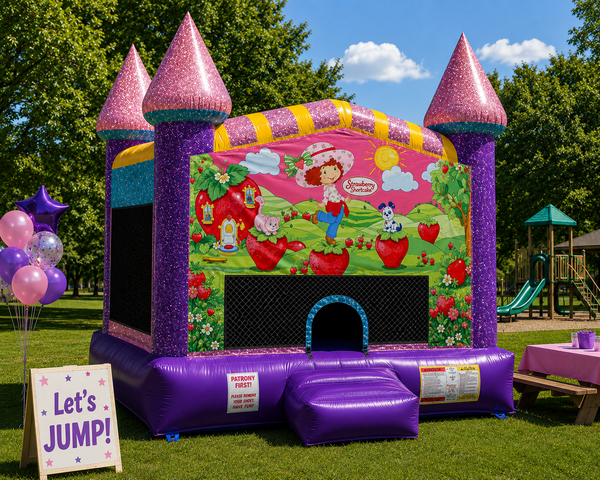 Strawberry Shortcake panel on a Dazzling Castle Bounce House