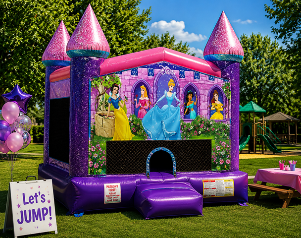 Disney Princess panel on a Dazzling Castle Bounce House