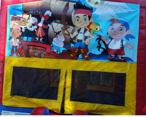 Jake the Pirate Panel On A Red And Blue Bounce House / With Basketball Goal