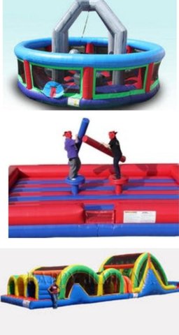  Fun Party Package.  Wrecking-Ball, Joust, 3 Lane Mega Obstacle Course.
