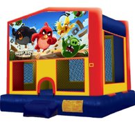 Angry Birds Panel On A Red And Blue Bounce House / With Basketball Goal