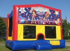 Glamor Girls On A Red And Blue Bounce House / With Basketball Goal