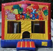 Happy Birthday Panel On A Red And Blue Bounce House / With Basketball Goal