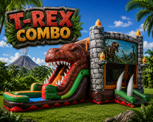 T-Rex Dinosaur Bounce House Combo With Double Lane Dry Slide 