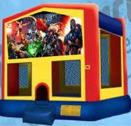 Justice League Panel On A Red And Blue Bounce House / With Basketball Goal
