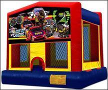  Race Cars Panel On A Red And Blue Bounce House / With Basketball Goal