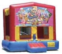 Shopkins Panel On A Red And Blue Bounce House / With Basketball Goal