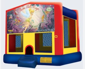  Tinkerbell Panel On A Red And Blue Bounce House / With Basketball Goal