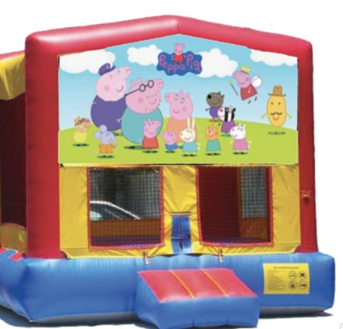 Peppa Pig Panel On A Red And Blue Bounce House / With Basketball Goal