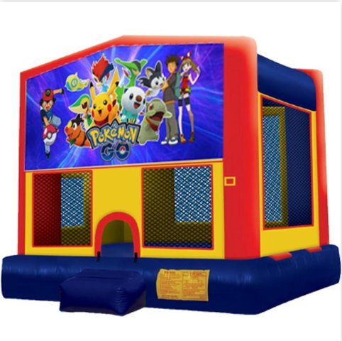 Pokemon panel On A Red And Blue Bounce House / With Basketball Goal
