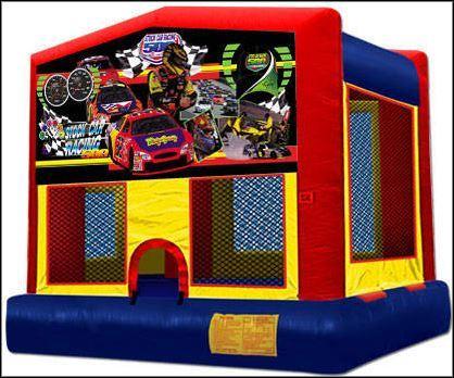  Race Cars Panel On A Red And Blue Bounce House / With Basketball Goal