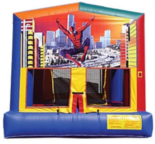 Spider Man panel On A Red And Blue Bounce House / With Basketball Goal