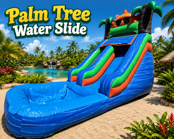 palm tree water slide in tropical setting