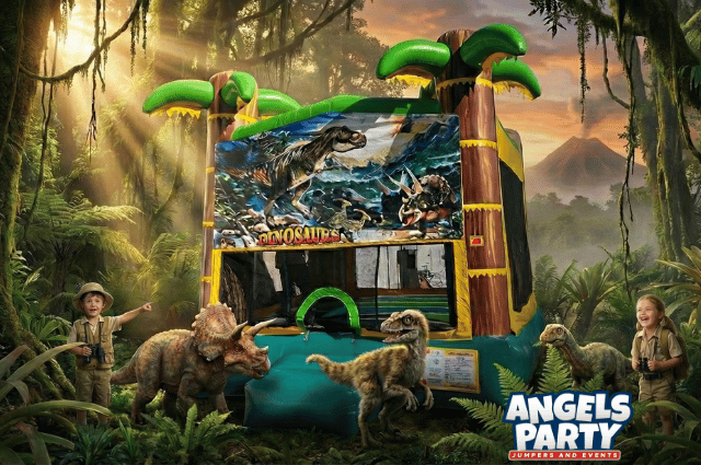 dinosaur bounce house in a jungle setting with baby dinosaurs