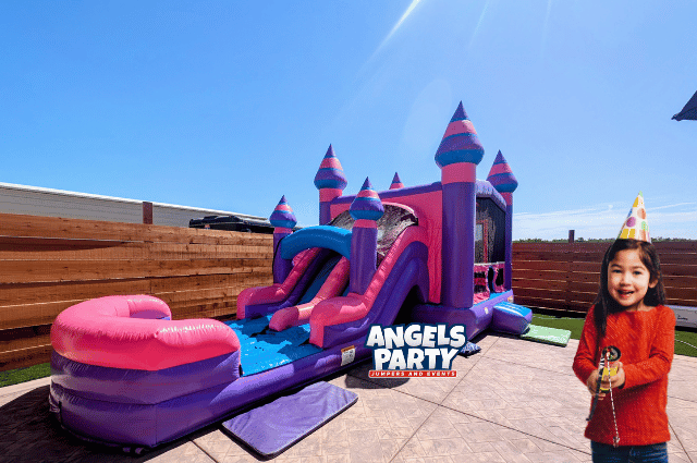 pink and purple double slide with water splash landing 