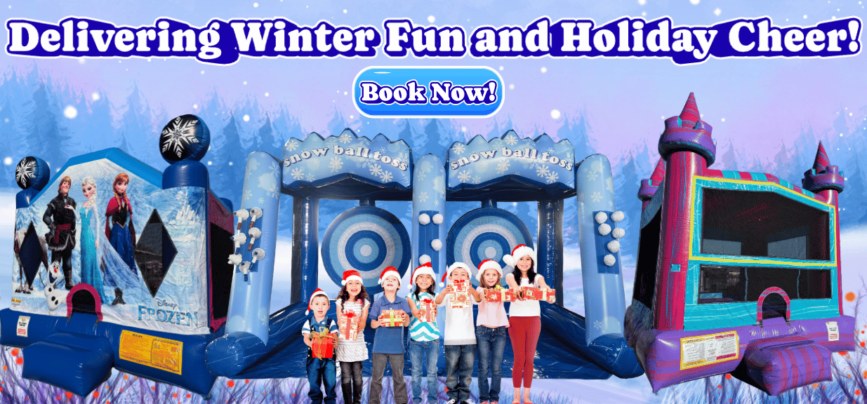 Winter themed  banner with jump houses, snow ball toss game and kids in winter gear