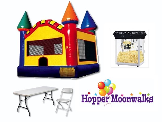 Backyard Package A - Large primary-colored bounce castle, 3 tables, 18 chairs, and popcorn machine