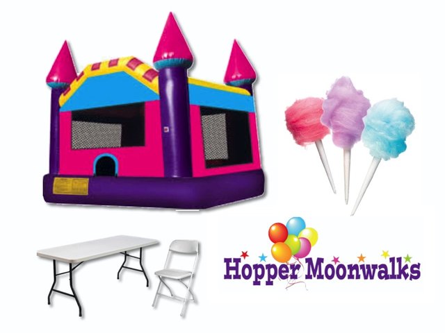 Backyard Package B - Large pink & purple bounce castle, 3 tables, 18 chairs, and cotton candy machine