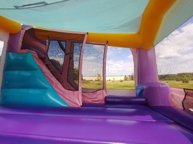 Girl Bounce House with Slide in Humble, TX - Glittery Bouncy Castle - Pink Purple Bouncer - Houston Inflatable Rentals