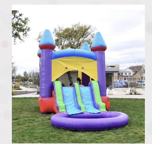 Bounce House with Water Slides into water pool