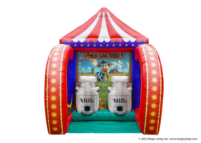 Milk Can Toss inflatable carnival game with farm-themed backdrop