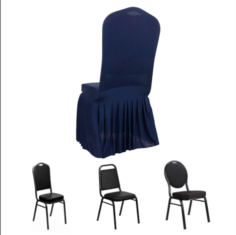 1pc Stretch Fitted Ruffle Pleated Skirt Banquet Chair Cover Navy Blue