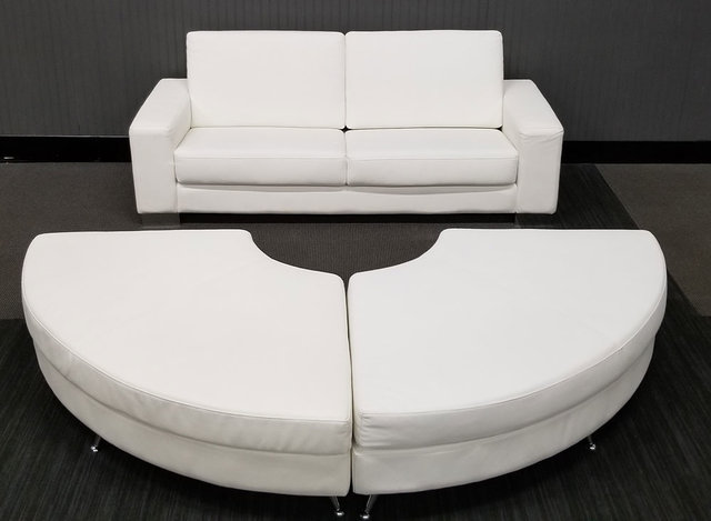 White Leather Couch and Ottomans (Mitzvah)